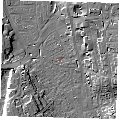 Shaded relief map of the ground around CR01DG, computed from Environment Agency LiDAR. The ground here sits at about 46 m above sea level and falls 20 m across the surrounding 800 m. Surface water reaching this point runs off ground lying to the east, 2.9 m higher.