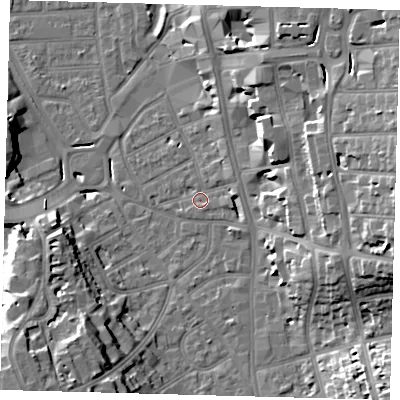 Shaded relief map of the ground around CR01DJ, computed from Environment Agency LiDAR. The ground here sits at about 47 m above sea level and falls 22 m across the surrounding 800 m. Surface water reaching this point runs off ground lying to the north-north-east, 2.9 m higher.