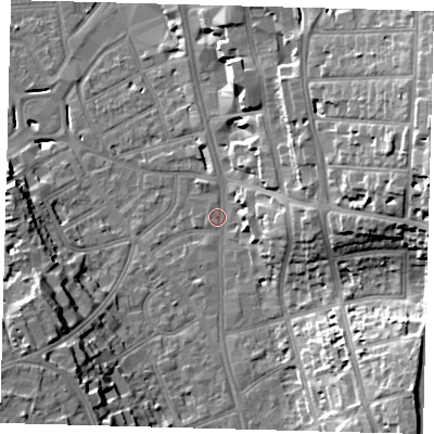 Shaded relief map of the ground around CR01DL, computed from Environment Agency LiDAR. The ground here sits at about 47 m above sea level and falls 27 m across the surrounding 800 m. Surface water reaching this point runs off ground lying to the east, 22.9 m higher.