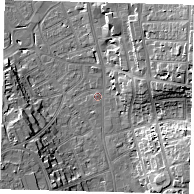 Shaded relief map of the ground around CR01DN, computed from Environment Agency LiDAR. The ground here sits at about 48 m above sea level and falls 26 m across the surrounding 800 m. Surface water reaching this point runs off ground lying to the south-south-west, 1.2 m higher.