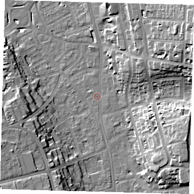 Shaded relief map of the ground around CR01DP, computed from Environment Agency LiDAR. The ground here sits at about 48 m above sea level and falls 27 m across the surrounding 800 m. Surface water reaching this point runs off ground lying to the east-south-east, 18.0 m higher.
