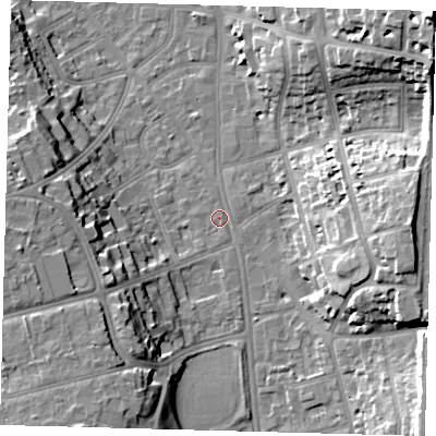 Shaded relief map of the ground around CR01DQ, computed from Environment Agency LiDAR. The ground here sits at about 49 m above sea level and falls 27 m across the surrounding 800 m. Surface water reaching this point runs off ground lying to the east-south-east, 16.0 m higher.