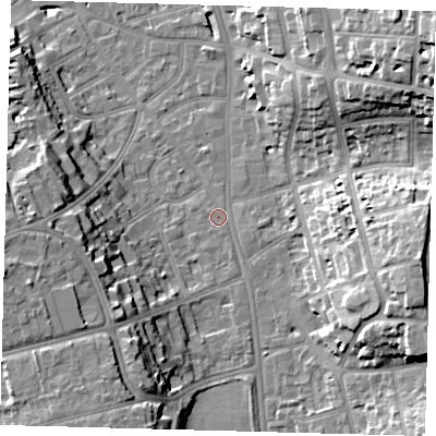 Shaded relief map of the ground around CR01DR, computed from Environment Agency LiDAR. The ground here sits at about 48 m above sea level and falls 27 m across the surrounding 800 m. Surface water reaching this point runs off ground lying to the south-south-west, 14.8 m higher.