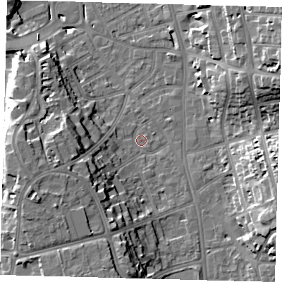 Shaded relief map of the ground around CR01DS, computed from Environment Agency LiDAR. The ground here sits at about 48 m above sea level and falls 21 m across the surrounding 800 m. Surface water reaching this point runs off ground lying to the west-south-west, 16.2 m higher.