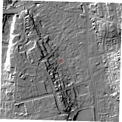 Shaded relief map of the ground around CR01DT, computed from Environment Agency LiDAR. The ground here sits at about 49 m above sea level and falls 21 m across the surrounding 800 m. Surface water reaching this point runs off ground lying to the west-south-west, 11.5 m higher.
