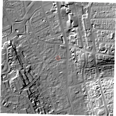 Shaded relief map of the ground around CR01DU, computed from Environment Agency LiDAR. The ground here sits at about 47 m above sea level and falls 24 m across the surrounding 800 m. Surface water reaching this point runs off ground lying to the east-north-east, 19.8 m higher.