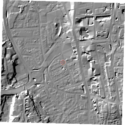 Shaded relief map of the ground around CR01DX, computed from Environment Agency LiDAR. The ground here sits at about 46 m above sea level and falls 21 m across the surrounding 800 m. Surface water reaching this point runs off ground lying to the east, 4.0 m higher.