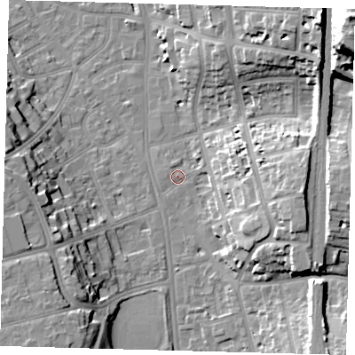 Shaded relief map of the ground around CR01EP, computed from Environment Agency LiDAR. The ground here sits at about 49 m above sea level and falls 38 m across the surrounding 800 m. Surface water reaching this point runs off ground lying to the east, 18.7 m higher.