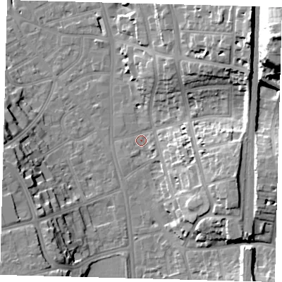 Shaded relief map of the ground around CR01EQ, computed from Environment Agency LiDAR. The ground here sits at about 48 m above sea level and falls 41 m across the surrounding 800 m. Surface water reaching this point runs off ground lying to the east-north-east, 17.6 m higher.