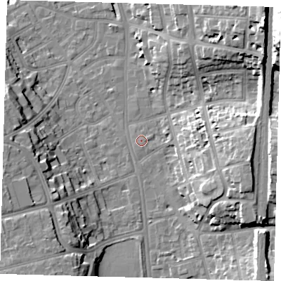 Shaded relief map of the ground around CR01ET, computed from Environment Agency LiDAR. The ground here sits at about 49 m above sea level and falls 38 m across the surrounding 800 m. Surface water reaching this point runs off ground lying to the east, 0.5 m higher.
