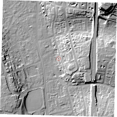Shaded relief map of the ground around CR01EW, computed from Environment Agency LiDAR. The ground here sits at about 50 m above sea level and falls 36 m across the surrounding 800 m. Surface water reaching this point runs off ground lying to the east-south-east, 15.2 m higher.