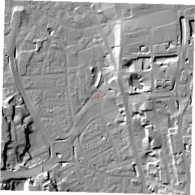 Shaded relief map of the ground around CR01FJ, computed from Environment Agency LiDAR. The ground here sits at about 45 m above sea level and falls 20 m across the surrounding 800 m. Surface water reaching this point runs off ground lying to the east-north-east, 15.3 m higher.