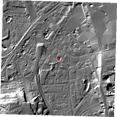 Shaded relief map of the ground around CR01FP, computed from Environment Agency LiDAR. The ground here sits at about 44 m above sea level and falls 21 m across the surrounding 800 m. Surface water reaching this point runs off ground lying to the south-west, 15.4 m higher.