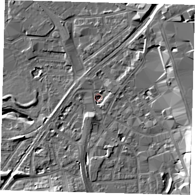 Shaded relief map of the ground around CR01GE, computed from Environment Agency LiDAR. The ground here sits at about 42 m above sea level and falls 17 m across the surrounding 800 m. Surface water reaching this point runs off ground lying to the east-south-east, 15.2 m higher.