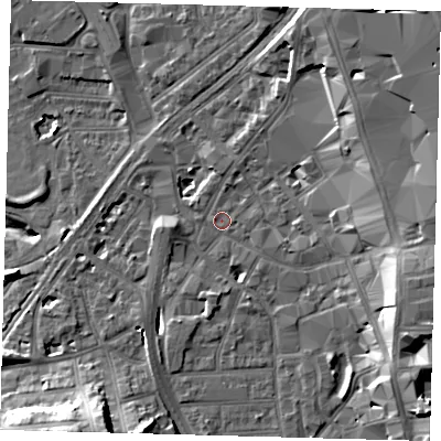 Shaded relief map of the ground around CR01GG, computed from Environment Agency LiDAR. The ground here sits at about 44 m above sea level and falls 19 m across the surrounding 800 m. Surface water reaching this point runs off ground lying to the east, 12.5 m higher.