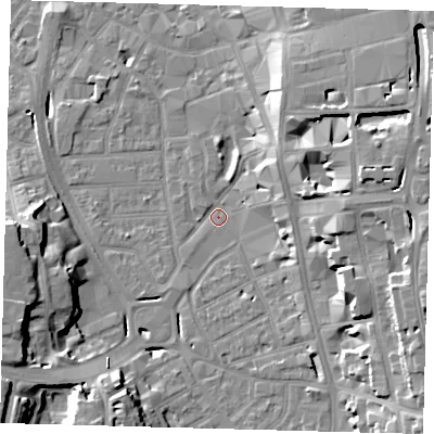 Shaded relief map of the ground around CR01GH, computed from Environment Agency LiDAR. The ground here sits at about 45 m above sea level and falls 20 m across the surrounding 800 m. Surface water reaching this point runs off ground lying to the east-north-east, 15.3 m higher.