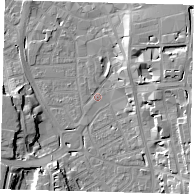 Shaded relief map of the ground around CR01GJ, computed from Environment Agency LiDAR. The ground here sits at about 45 m above sea level and falls 20 m across the surrounding 800 m. Surface water reaching this point runs off ground lying to the east-north-east, 15.3 m higher.