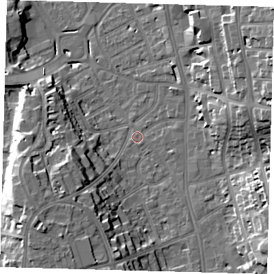 Shaded relief map of the ground around CR01GS, computed from Environment Agency LiDAR. The ground here sits at about 47 m above sea level and falls 22 m across the surrounding 800 m. Surface water reaching this point runs off ground lying to the south-west, 16.7 m higher.