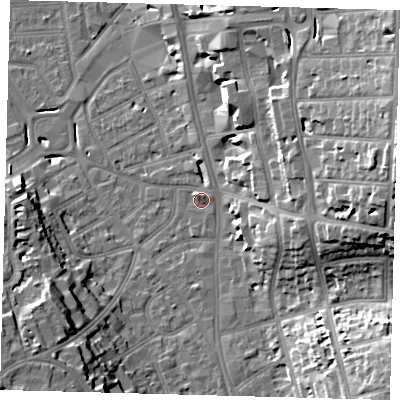 Shaded relief map of the ground around CR01GU, computed from Environment Agency LiDAR. The ground here sits at about 48 m above sea level and falls 26 m across the surrounding 800 m. Surface water reaching this point runs off ground lying to the north-west, 1.6 m higher.