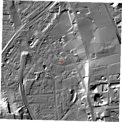 Shaded relief map of the ground around CR01RB, computed from Environment Agency LiDAR. The ground here sits at about 46 m above sea level and falls 19 m across the surrounding 800 m. Surface water reaching this point runs off ground lying to the east-north-east, 1.6 m higher.