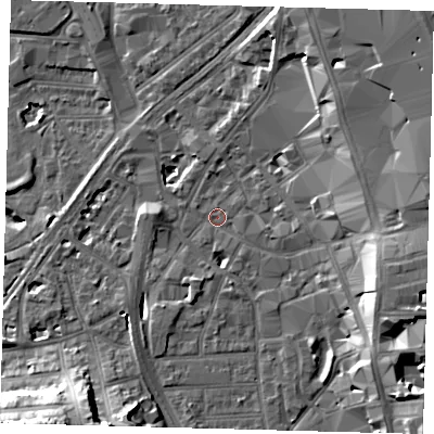 Shaded relief map of the ground around CR01RD, computed from Environment Agency LiDAR. The ground here sits at about 44 m above sea level and falls 21 m across the surrounding 800 m. Surface water reaching this point runs off ground lying to the east, 3.2 m higher.