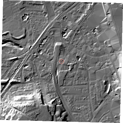 Shaded relief map of the ground around CR01RF, computed from Environment Agency LiDAR. The ground here sits at about 44 m above sea level and falls 21 m across the surrounding 800 m. Surface water reaching this point runs off ground lying to the north, 5.3 m higher.