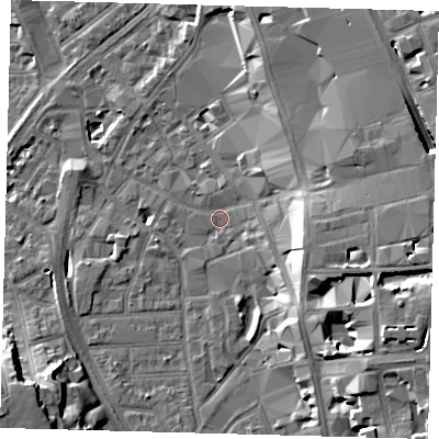 Shaded relief map of the ground around CR01RH, computed from Environment Agency LiDAR. The ground here sits at about 46 m above sea level and falls 19 m across the surrounding 800 m. Surface water reaching this point runs off ground lying to the east-south-east, 13.7 m higher.