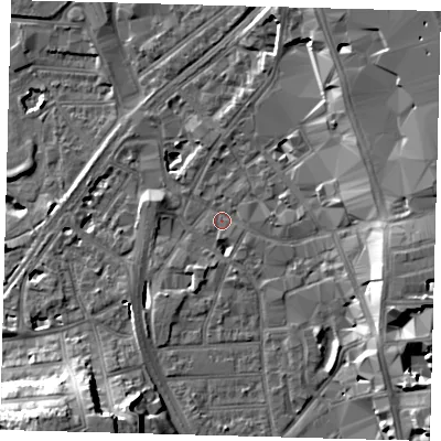 Shaded relief map of the ground around CR01RN, computed from Environment Agency LiDAR. The ground here sits at about 44 m above sea level and falls 21 m across the surrounding 800 m. Surface water reaching this point runs off ground lying to the east, 3.1 m higher.