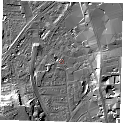 Shaded relief map of the ground around CR01RQ, computed from Environment Agency LiDAR. The ground here sits at about 45 m above sea level and falls 20 m across the surrounding 800 m. Surface water reaching this point runs off ground lying to the south-west, 15.8 m higher.