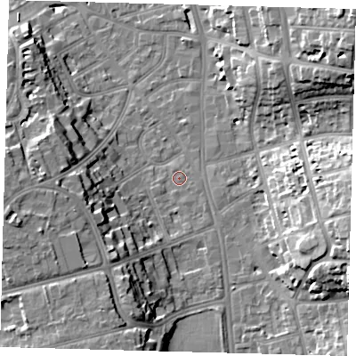 Shaded relief map of the ground around CR01SA, computed from Environment Agency LiDAR. The ground here sits at about 48 m above sea level and falls 24 m across the surrounding 800 m. Surface water reaching this point runs off ground lying to the south-west, 11.8 m higher.