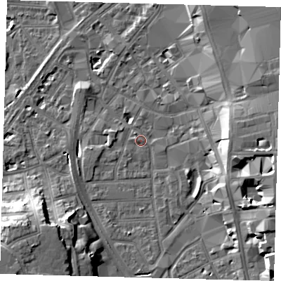 Shaded relief map of the ground around CR01SB, computed from Environment Agency LiDAR. The ground here sits at about 45 m above sea level and falls 20 m across the surrounding 800 m. Surface water reaching this point runs off ground lying to the south-west, 15.8 m higher.