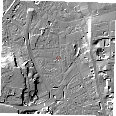 Shaded relief map of the ground around CR01SD, computed from Environment Agency LiDAR. The ground here sits at about 45 m above sea level and falls 20 m across the surrounding 800 m. Surface water reaching this point runs off ground lying to the east-north-east, 1.1 m higher.