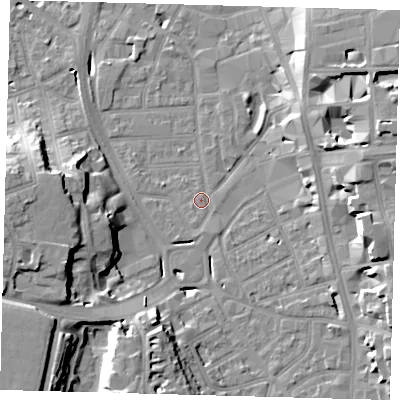 Shaded relief map of the ground around CR01SE, computed from Environment Agency LiDAR. The ground here sits at about 45 m above sea level and falls 21 m across the surrounding 800 m. Surface water reaching this point runs off ground lying to the north-east, 14.2 m higher.