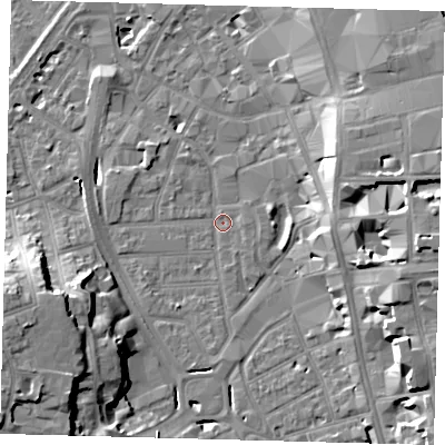 Shaded relief map of the ground around CR01SG, computed from Environment Agency LiDAR. The ground here sits at about 45 m above sea level and falls 20 m across the surrounding 800 m. Surface water reaching this point runs off ground lying to the west-south-west, 17.8 m higher.