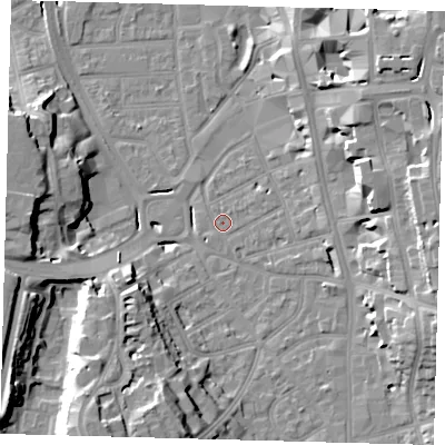 Shaded relief map of the ground around CR01SH, computed from Environment Agency LiDAR. The ground here sits at about 46 m above sea level and falls 21 m across the surrounding 800 m. Surface water reaching this point runs off ground lying to the east, 1.3 m higher.