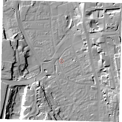 Shaded relief map of the ground around CR01SJ, computed from Environment Agency LiDAR. The ground here sits at about 46 m above sea level and falls 21 m across the surrounding 800 m. Surface water reaching this point runs off ground lying to the east-north-east, 4.5 m higher.