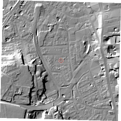 Shaded relief map of the ground around CR01SN, computed from Environment Agency LiDAR. The ground here sits at about 45 m above sea level and falls 22 m across the surrounding 800 m. Surface water reaching this point runs off ground lying to the south-west, 19.0 m higher.