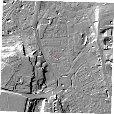 Shaded relief map of the ground around CR01SP, computed from Environment Agency LiDAR. The ground here sits at about 45 m above sea level and falls 23 m across the surrounding 800 m. Surface water reaching this point runs off ground lying to the south-west, 19.2 m higher.