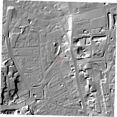 Shaded relief map of the ground around CR01SQ, computed from Environment Agency LiDAR. The ground here sits at about 45 m above sea level and falls 20 m across the surrounding 800 m. Surface water reaching this point runs off ground lying to the east, 6.3 m higher.