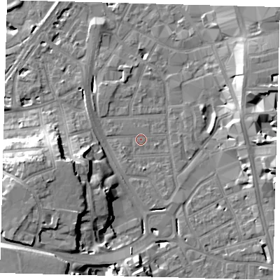 Shaded relief map of the ground around CR01SR, computed from Environment Agency LiDAR. The ground here sits at about 45 m above sea level and falls 22 m across the surrounding 800 m. Surface water reaching this point runs off ground lying to the south-west, 18.9 m higher.