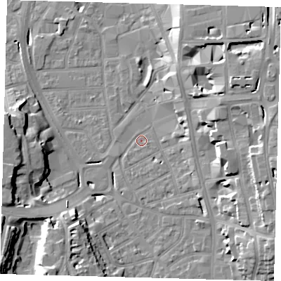 Shaded relief map of the ground around CR01SS, computed from Environment Agency LiDAR. The ground here sits at about 45 m above sea level and falls 20 m across the surrounding 800 m. Surface water reaching this point runs off ground lying to the east, 4.5 m higher.