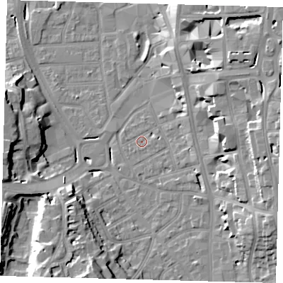 Shaded relief map of the ground around CR01SU, computed from Environment Agency LiDAR. The ground here sits at about 46 m above sea level and falls 21 m across the surrounding 800 m. Surface water reaching this point runs off ground lying to the east-north-east, 4.5 m higher.
