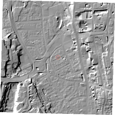 Shaded relief map of the ground around CR01SW, computed from Environment Agency LiDAR. The ground here sits at about 46 m above sea level and falls 21 m across the surrounding 800 m. Surface water reaching this point runs off ground lying to the east-north-east, 4.5 m higher.
