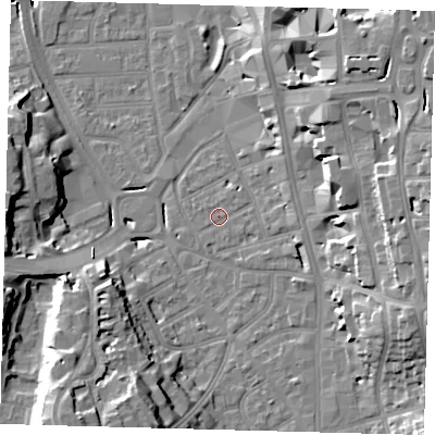 Shaded relief map of the ground around CR01SY, computed from Environment Agency LiDAR. The ground here sits at about 46 m above sea level and falls 22 m across the surrounding 800 m. Surface water reaching this point runs off ground lying to the east, 1.2 m higher.