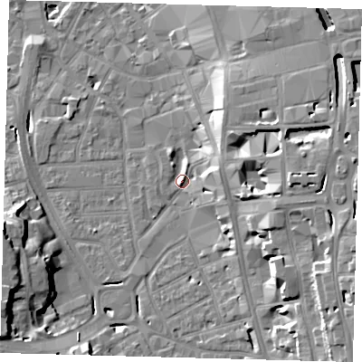 Shaded relief map of the ground around CR01SZ, computed from Environment Agency LiDAR. The ground here sits at about 46 m above sea level and falls 20 m across the surrounding 800 m. Surface water reaching this point runs off ground lying to the east-north-east, 14.7 m higher.