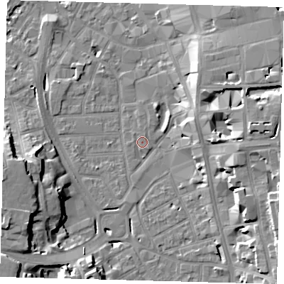 Shaded relief map of the ground around CR01TQ, computed from Environment Agency LiDAR. The ground here sits at about 46 m above sea level and falls 20 m across the surrounding 800 m. Surface water reaching this point runs off ground lying to the north-north-east, 1.0 m higher.