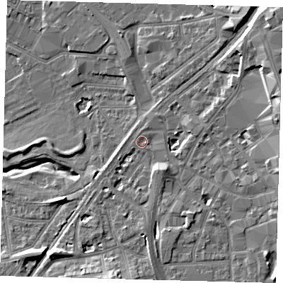 Shaded relief map of the ground around CR01XD, computed from Environment Agency LiDAR. The ground here sits at about 43 m above sea level and falls 17 m across the surrounding 800 m. Surface water reaching this point runs off ground lying to the north-east, 14.0 m higher.