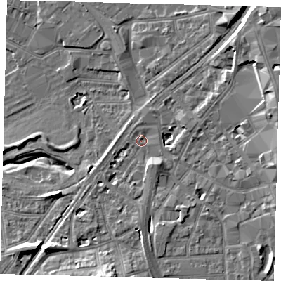 Shaded relief map of the ground around CR01XF, computed from Environment Agency LiDAR. The ground here sits at about 43 m above sea level and falls 16 m across the surrounding 800 m. Surface water reaching this point runs off ground lying to the north-east, 14.5 m higher.