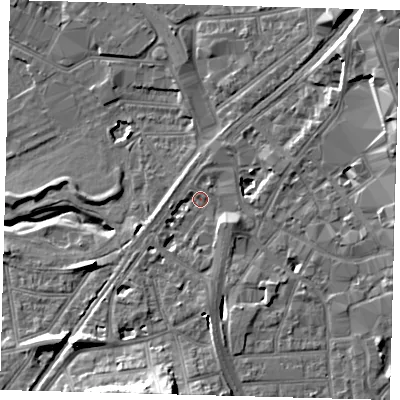 Shaded relief map of the ground around CR01XH, computed from Environment Agency LiDAR. The ground here sits at about 43 m above sea level and falls 17 m across the surrounding 800 m. Surface water reaching this point runs off ground lying to the south-south-west, 14.7 m higher.