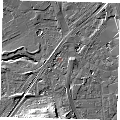 Shaded relief map of the ground around CR01XL, computed from Environment Agency LiDAR. The ground here sits at about 43 m above sea level and falls 21 m across the surrounding 800 m. Surface water reaching this point runs off ground lying to the south-south-west, 18.9 m higher.
